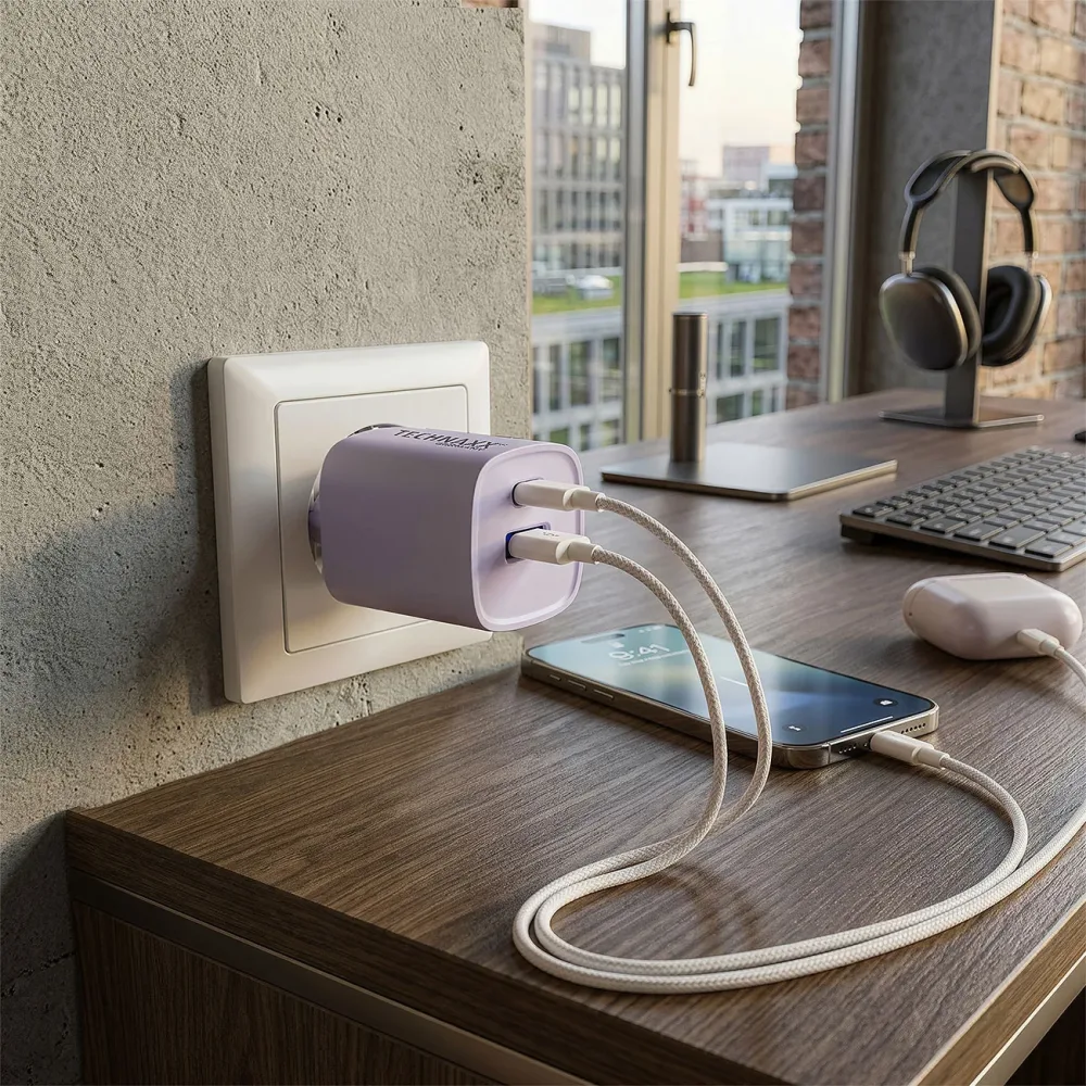 30W GaN Mini Schnellladegerät, USB C & A, lila
