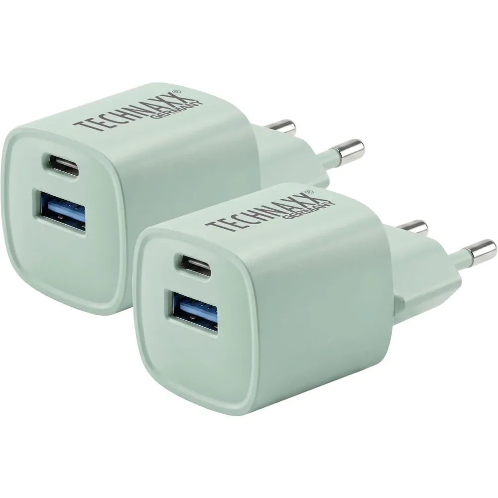 2er-Set 30W GaN Mini Schnellladegerät, USB C & A, grün