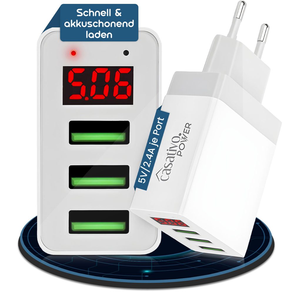 Multi-Port Ladegerät mit 3 USB-Ports & LED-Display, je 5 V / 2,4 A
