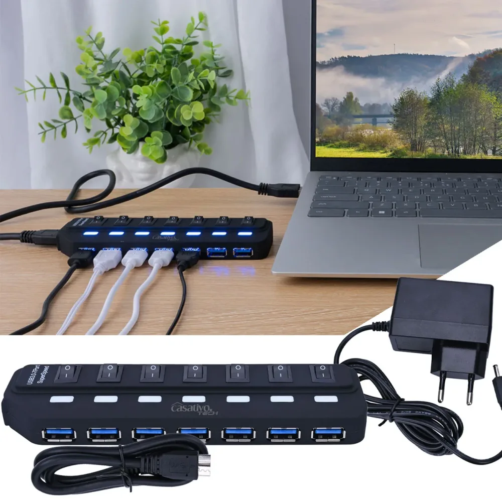 Aktiver USB 3.0 Hub für bis zu 7 Geräte, USB A, einzeln schaltbar