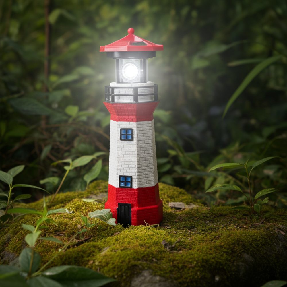 Deko Leuchtturm mit LED-Leuchte & rotierendem Reflektor, solarbetrieben