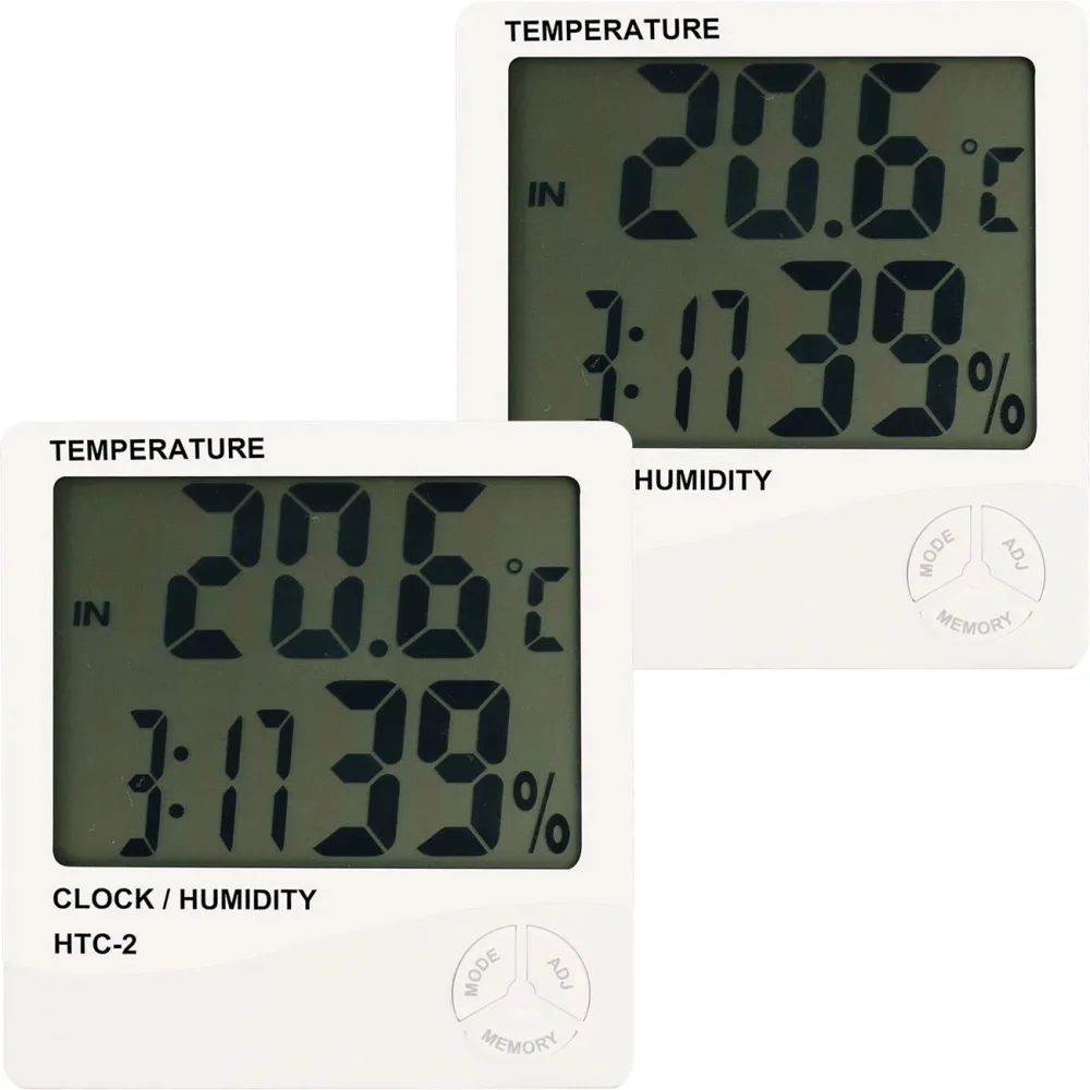 2er-Set Digitales Hygrometer und Thermometer mit Außenfühler, Uhr und Wecker
