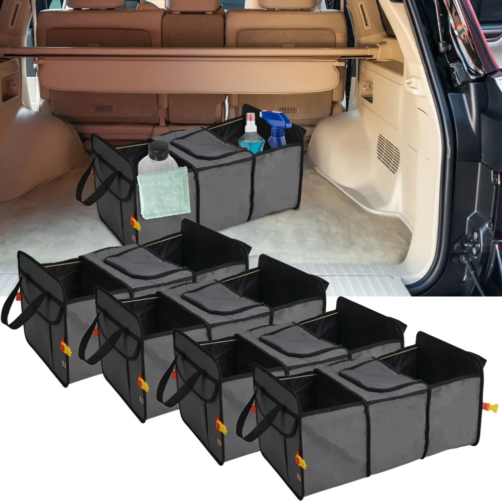 4er-Set Kofferraumtasche mit Kühlfach, grau, mit 3 Fächern, faltbar