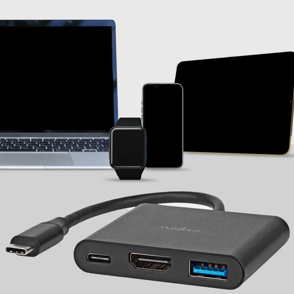 USB-C Hub, Multiport Adapter mit USB Typ-C, 4K@30Hz HDMI, USB-A, 5 Gbps, schwarz