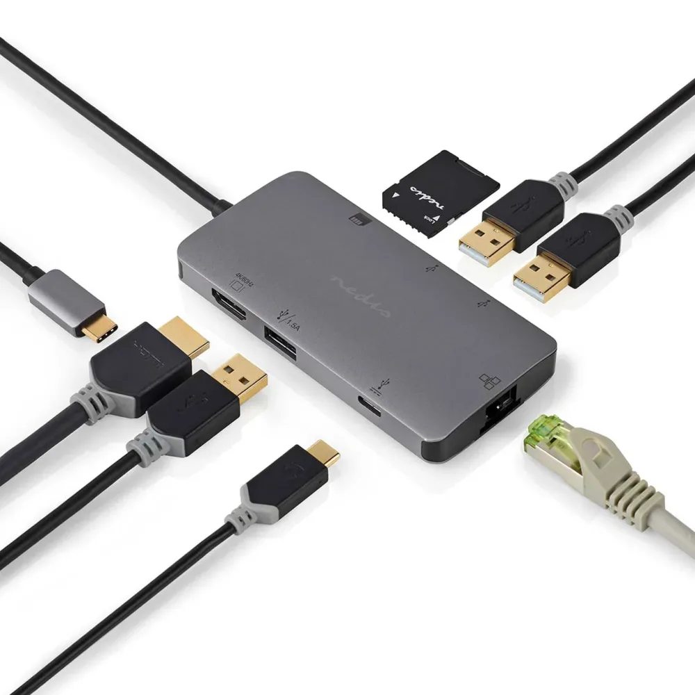 USB Multi-Port-Adapter USB-C male auf HDMI, RJ45,3x USB-A, USB-C +PD3 und CardReader