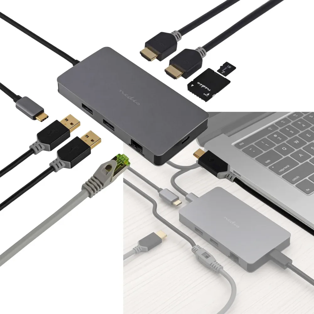 USB Multi-Port-Adapter USB-C male auf 2x HDMI, RJ45, 2x USB-A, USB-C +PD3 und CardReader
