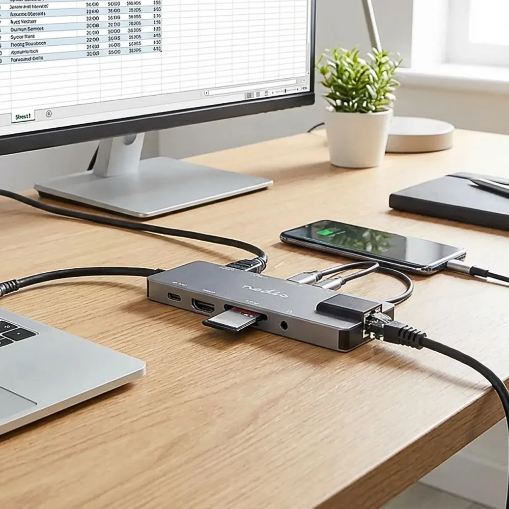 Nedis - USB-Multi-Port-Adapter | USB 3.2 Gen 1 | USB-C™ Stecker | HDMI™ Ausgang / RJ45 Buchse / SD / 2x USB-C™ / 3,5 mm Buchse / 3x USB-A Buchse | 5 Gbps | 0,20 m | Rund | Vergoldet | PVC | Anthrazit | Box, One Size