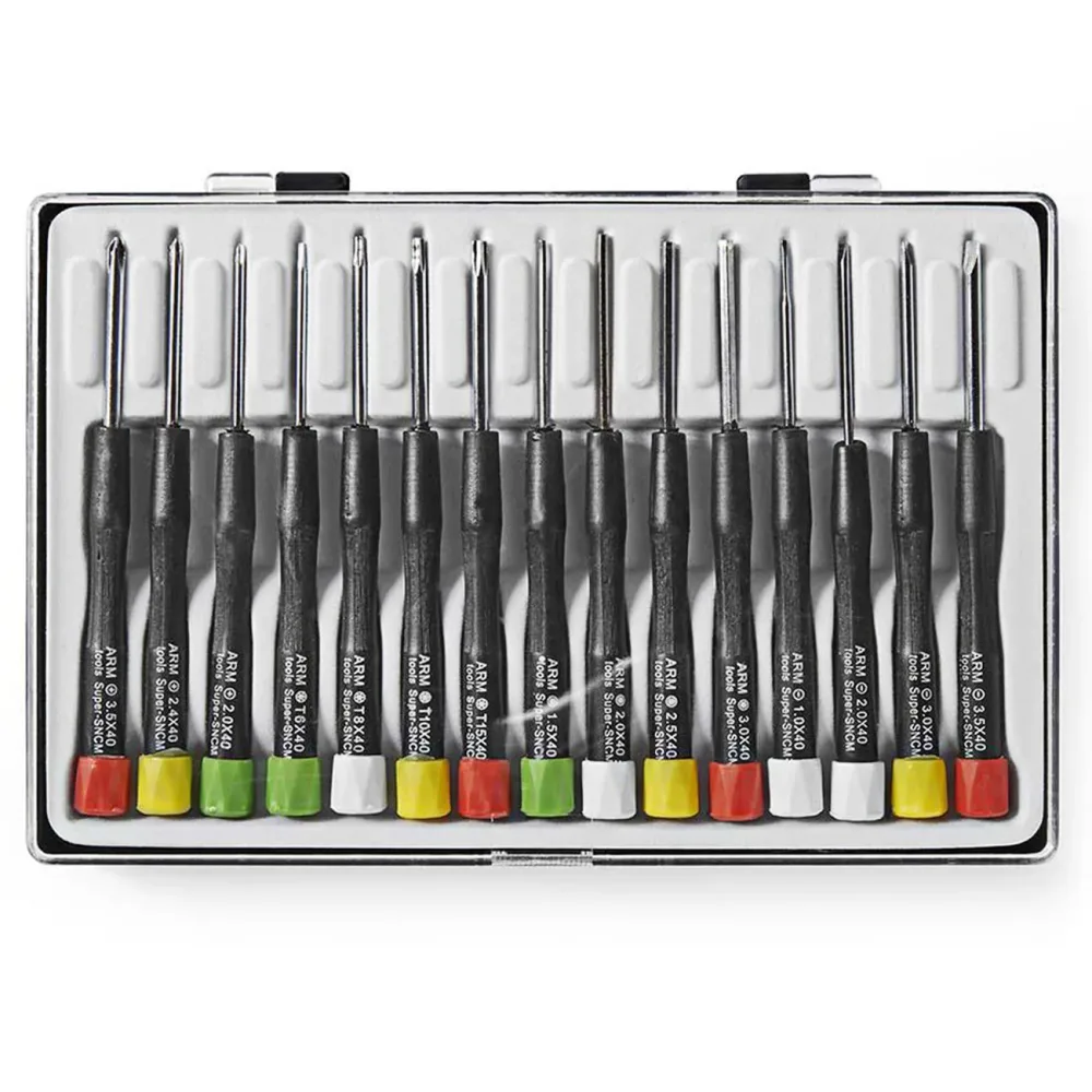 Präzisions-Schraubendreher-Set mit Etui, 15-teilig, Torx, Schlitz, Kreuz, Sechskant