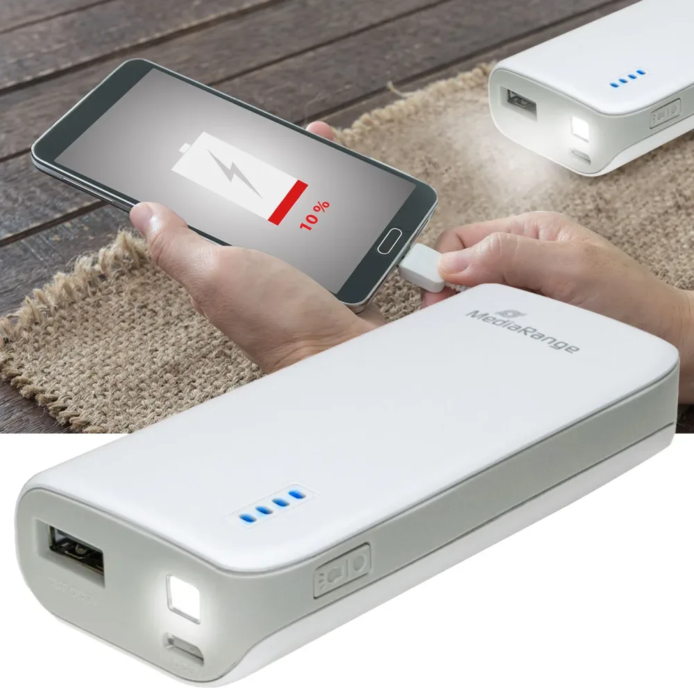 Powerbank, 5.200mAh mit LED-Taschenlampe, USB-A, weiss/grau