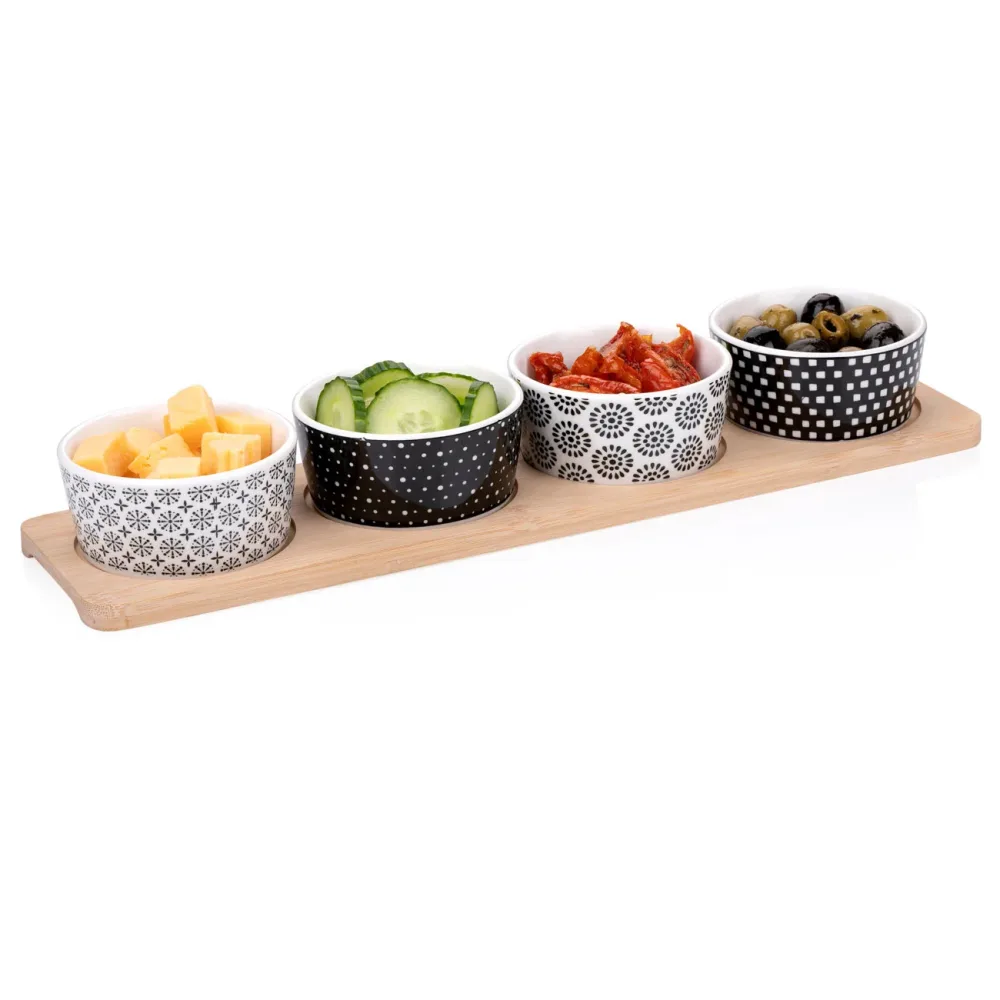 Servier-Set, 4 Schalen auf Holztablett, Porzellan, gemustert, Tapas-Set