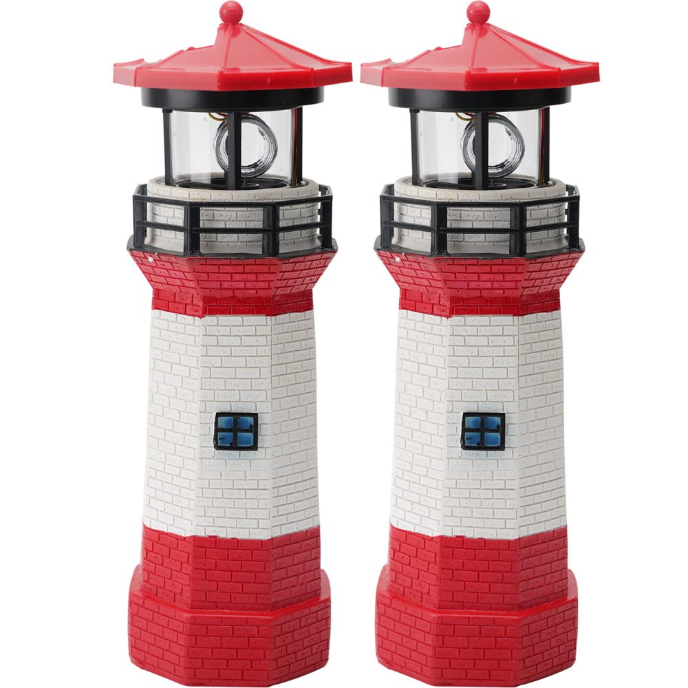 2er-Set Deko Leuchtturm mit LED-Leuchte & rotierendem Reflektor, solarbetrieben