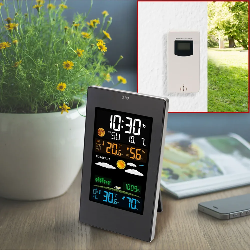 Wetterstation mit LCD Farbdisplay, Funk-Aussensensor, Wecker und USB-Ladeport
