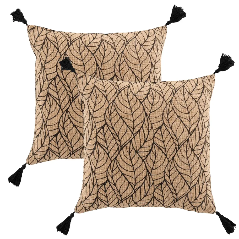 2er-Set Kissenhüllen aus Jute und Baumwolle, mit Bommel, braun, 40 x 40 cm