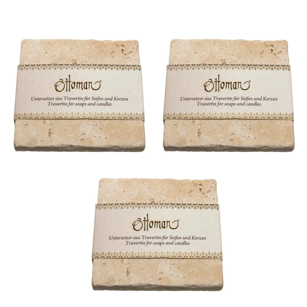 3er-Set Seifenablage aus Travertin, quadratisch, Farbton light-hellbeige, 10 x 10 cm