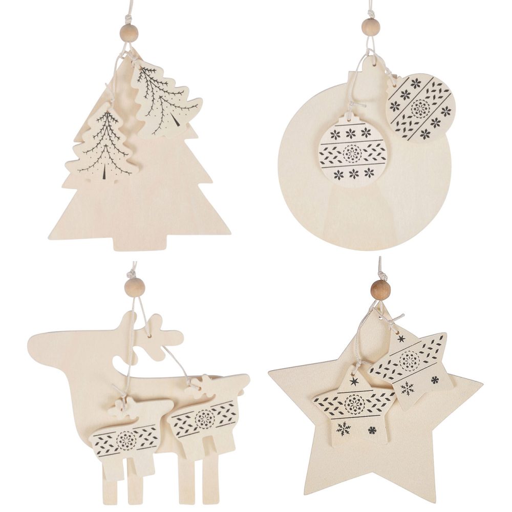 4er-Set Anhänger aus Holz, Rentier, Weihnachtskugel, Christbaum und Stern, zum Aufhängen