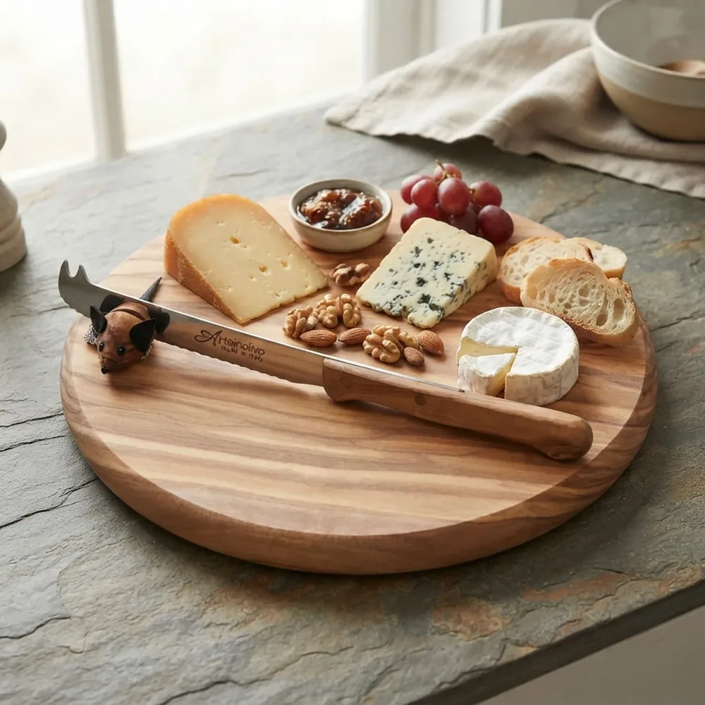Rundes Holzbrett mit Maus und Messer, 22 cm, Olivenholz