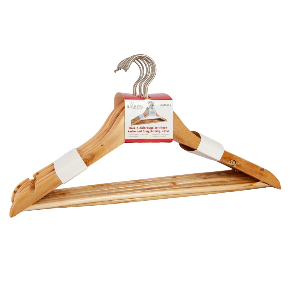 8 Kleiderbügel aus Holz mit Rockkerbe und Hosensteg