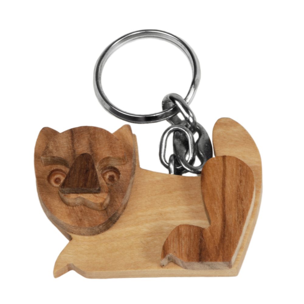 Schlüsselanhänger Katze, aus Olivenholz, braun, 5 x 5 cm