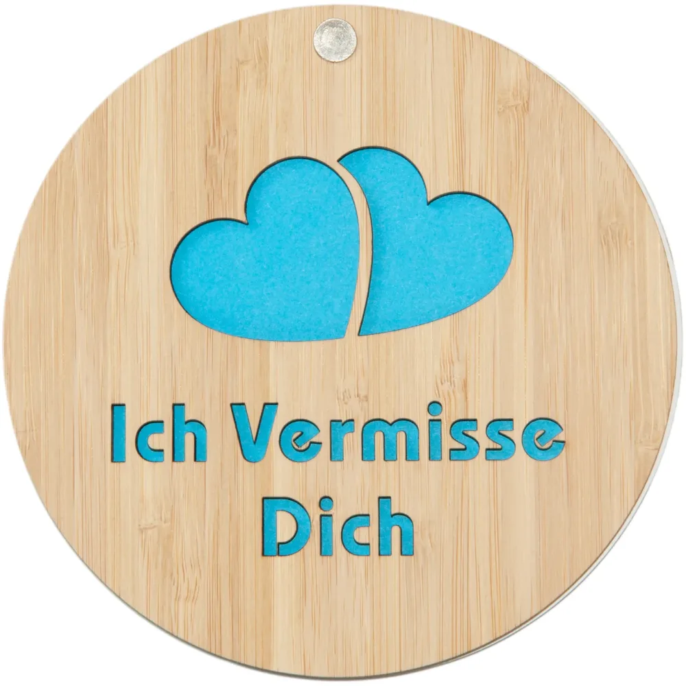 Grusskarte aus Bambus, Ich vermisse Dich, rund, blau, Klappkarte