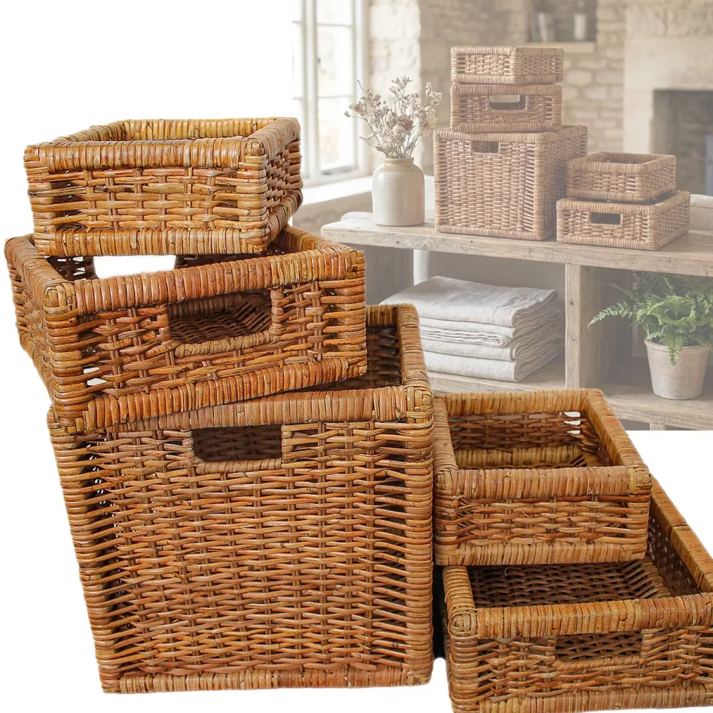 5 Rattan-Körbe, verschiedene Grössen, teils Tragegriffe, eckig, honig