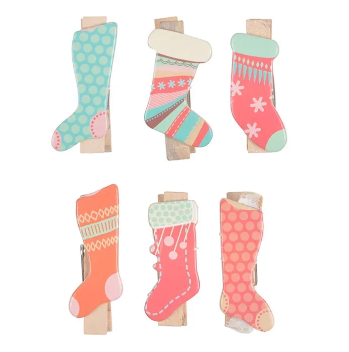 Klammern aus Holz, Weihnachtsssocken, Mini Dekoklammern