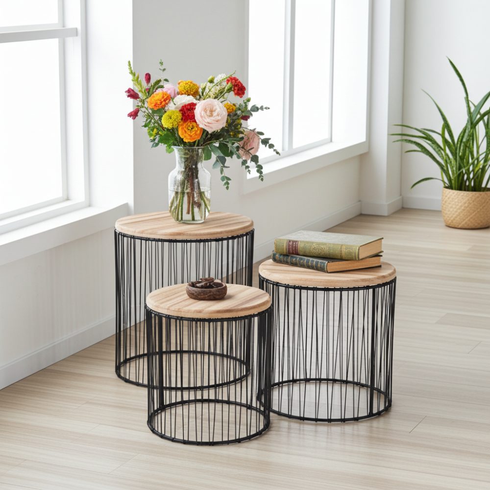 3er-Set Beistelltische, Holz und Metall, schwarz & braun