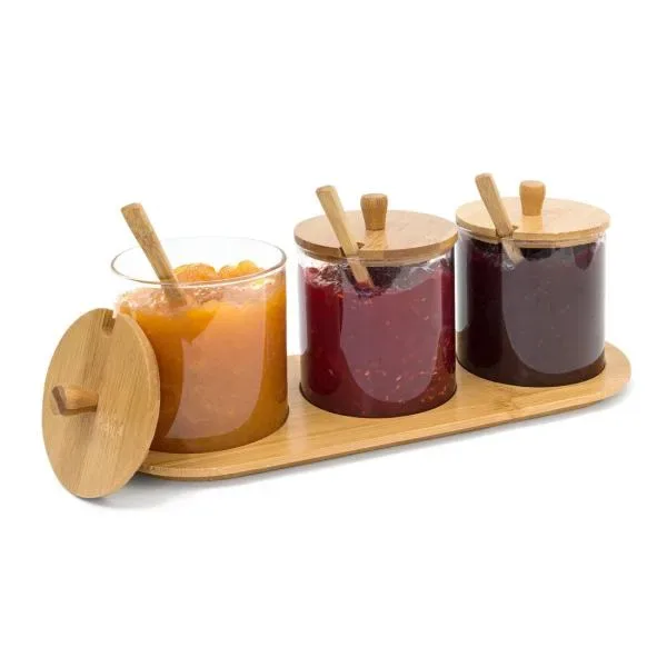 3er-Set Gewürzgläser aus Glas, Marmeladenbar mit Deckel, Löffel auf Brett aus Bambus