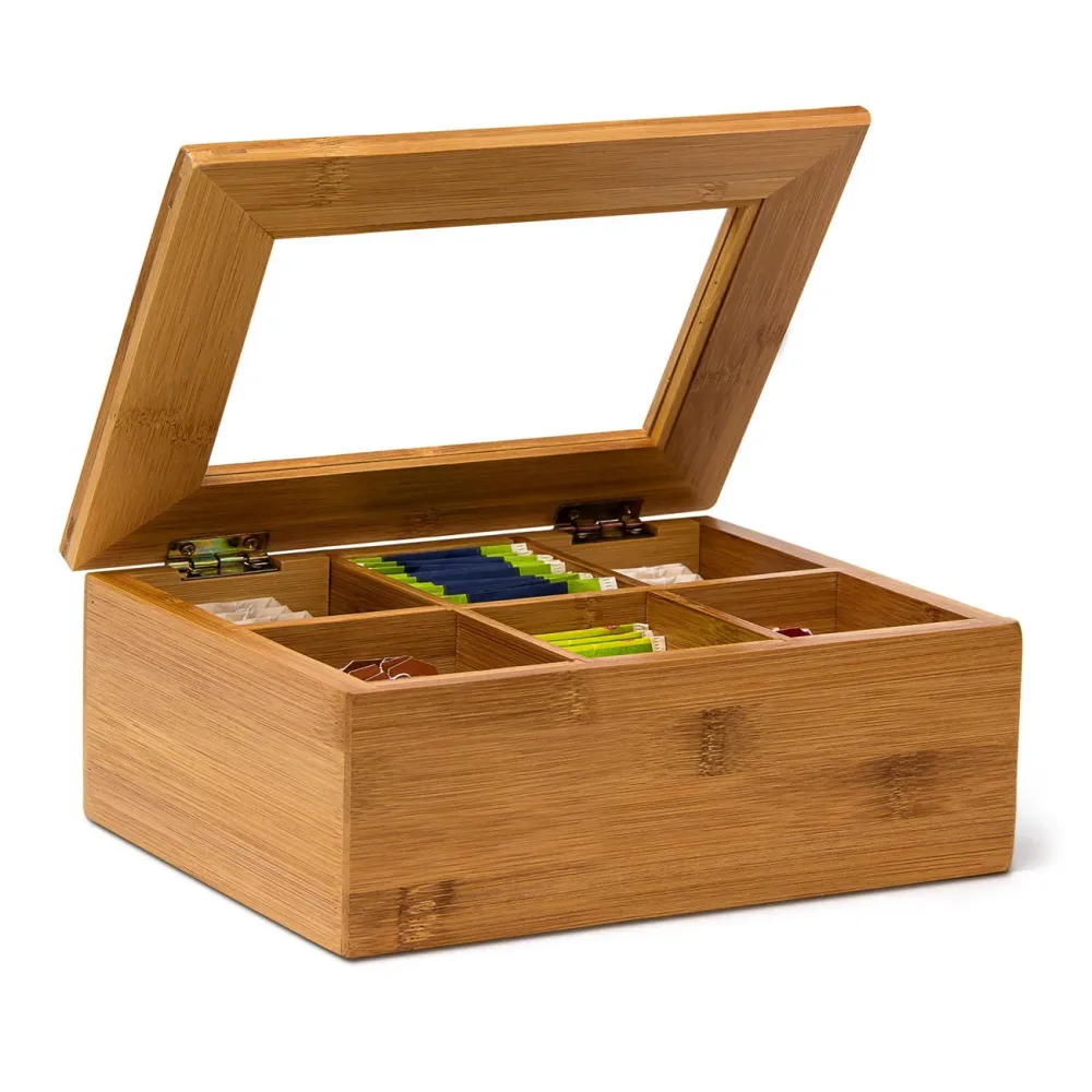 Teebeutelbox aus Bambus, Kästchen für Tee mit 6 Fächern, Platz für ca. 60 Teebeutel
