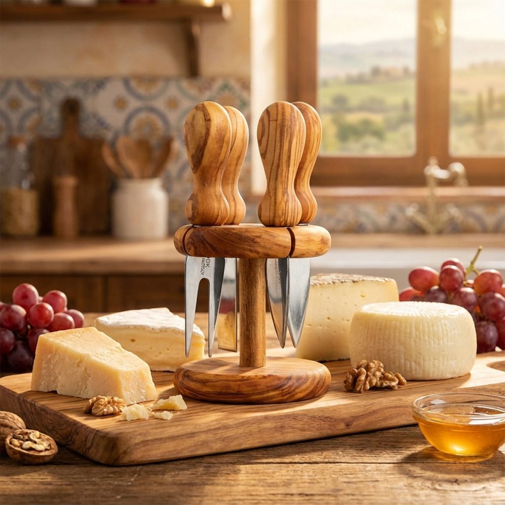 5-teiliges Käsemesser Set aus Olivenholz, Messer für Käse an Ständer, 9 x 9 x 16 cm