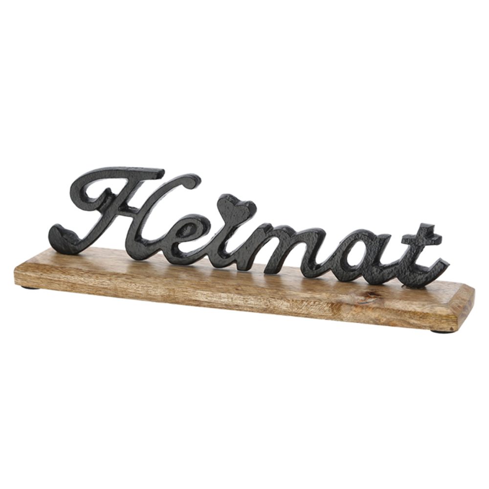 Schriftzug Heimat, Aufsteller Mangoholz und Aluminium, braun, schwarz, 2 x 8 x 6,5 cm