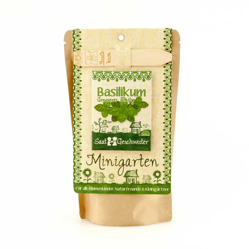 Saatgut Set für Basilikum, Samen mit Gartenerde, Saatgut, Anleitung, Pflanzstäbchen