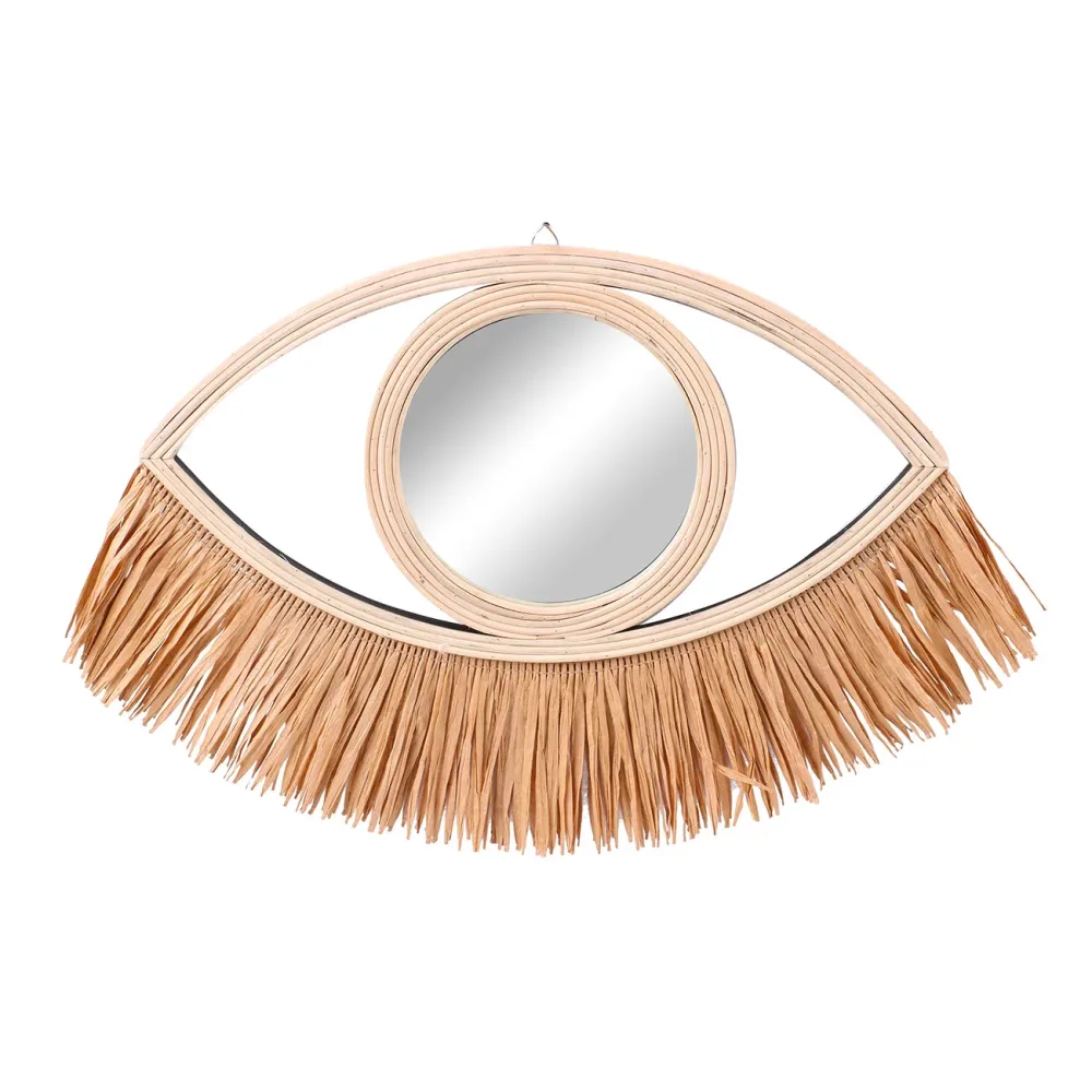 Spiegel mit Bambusrahmen und Bastfransen, Augenspiegel, beige, braun, 41 x 31 cm