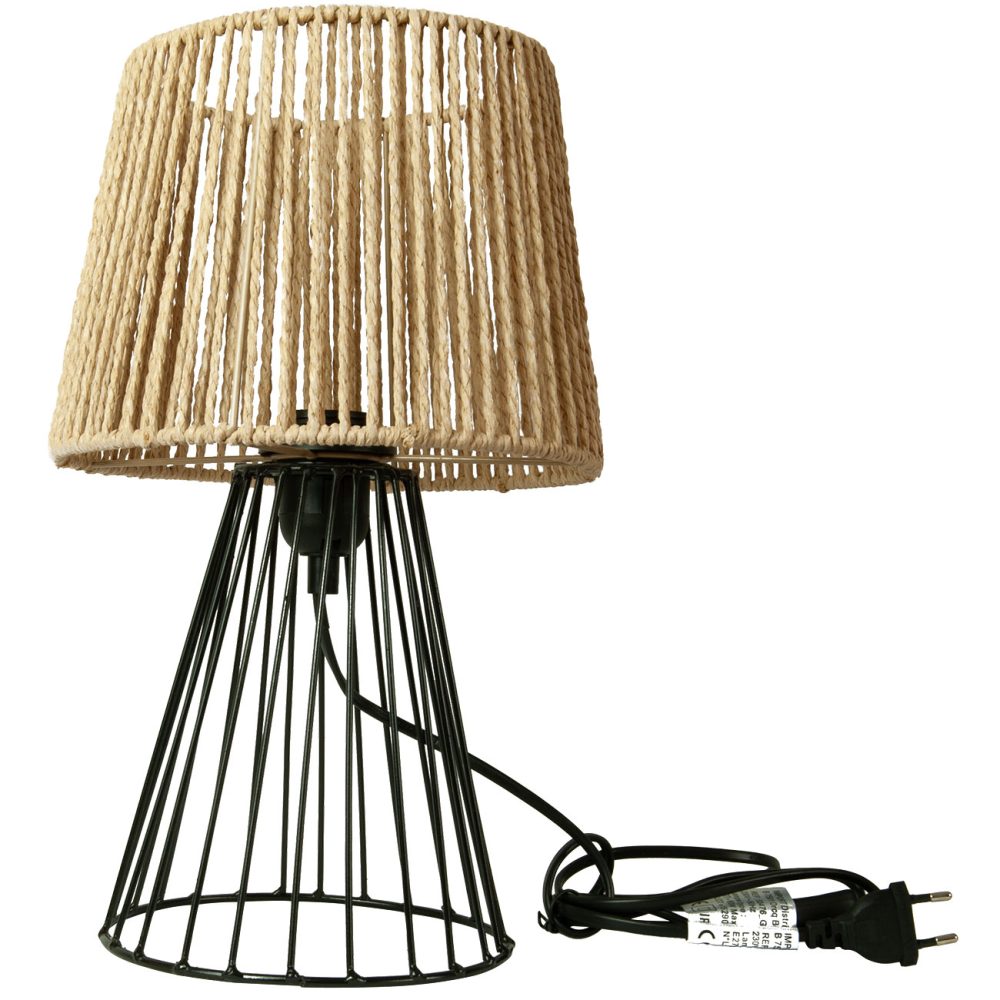 Lampe aus Seil und Metall, Leuchte mit Metallgestell, braun, schwarz, 36 cm
