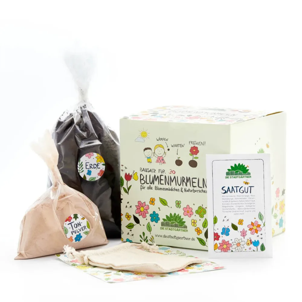 Samenbomben Kit mit Saatgut, Gartenerde und Lehmpulver, 30 Blumenmurmeln zum Selbermachen