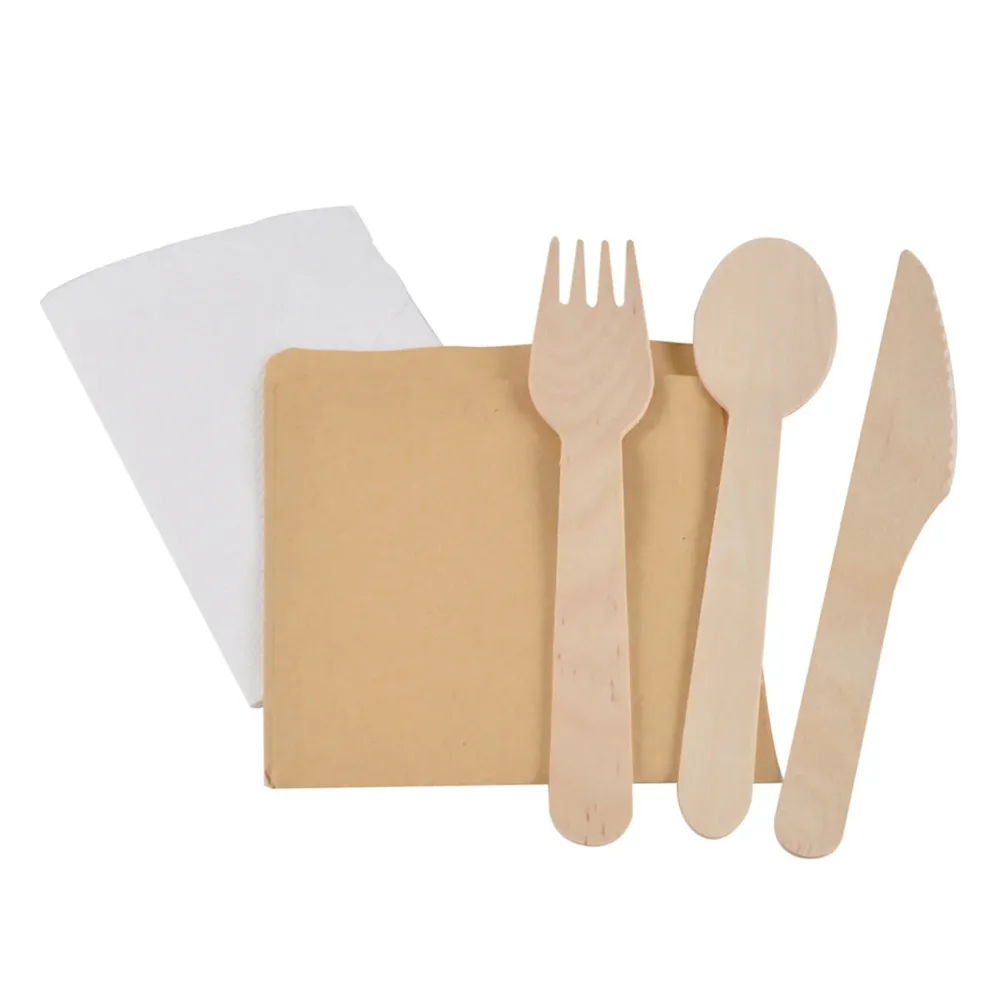 Einwegbesteck 6er-Set aus Holz, Holzbesteck mit Löffel, Gabel, Messer und Serviette
