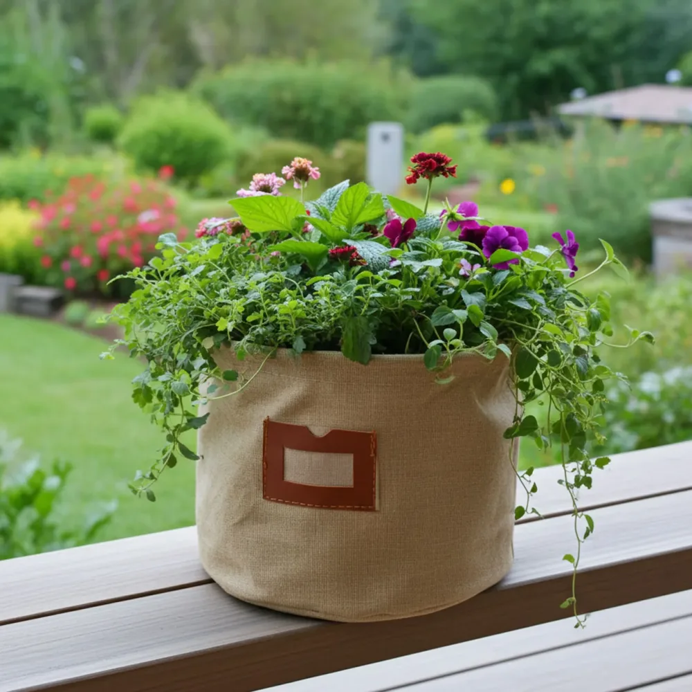 Textil-Übertopf aus Baumwolle,beige, Pflanzsack mit Schutzfolie, 16 x 16 cm