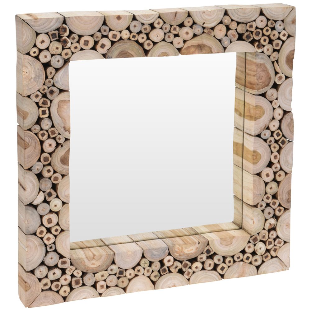 Spiegel mit Teakholz, Wandspiegel mit Teakholzstücken, vertikal, braun, 50 x 50 cm
