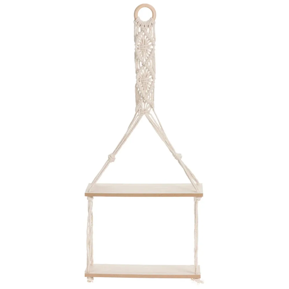 Seil-Hängeregal Makramee, Regal mit 2 Ebenen im Boho Chic, 30 x 10 x 72 cm
