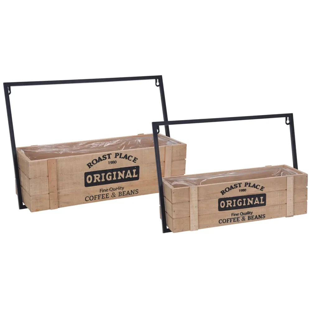 Pflanzkästen 2er-Set aus Holz und Metall, Blumenkästen in zwei Grössen, schwarz, braun