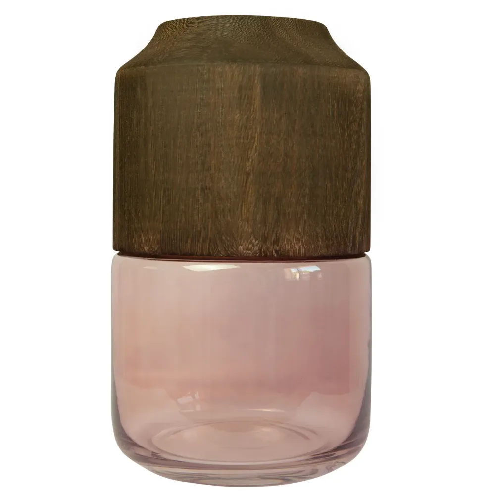 Vase aus Glas und Blauglockenbaum-Holz, edle Blumenvase, transparent, braun, 17 x 28 cm