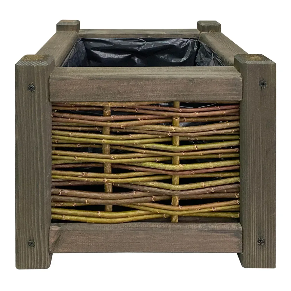 Blumenkasten aus Rattan und Holz, Pflanzkübel mit Innenfolie, braun, 30 x 30 x 30 cm