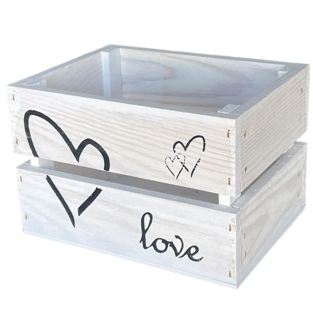 Geschenkkiste aus Holz, weiss, Love mit Herzen, 21 x 15 x 13,5 cm