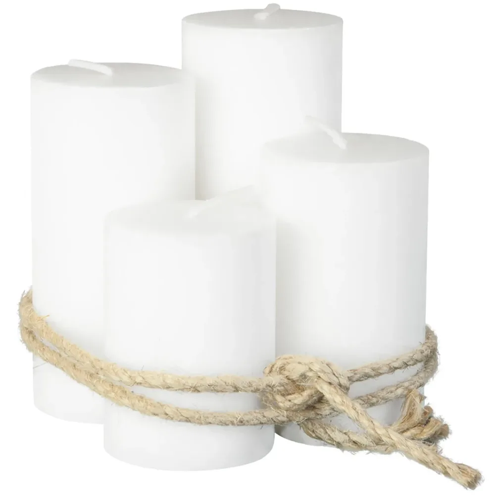 Stumpenkerzen 4er-Set, Wachskerzen mit Schnur aus Hanf, weiss, Ø 6 x H 8/10/12/14 cm
