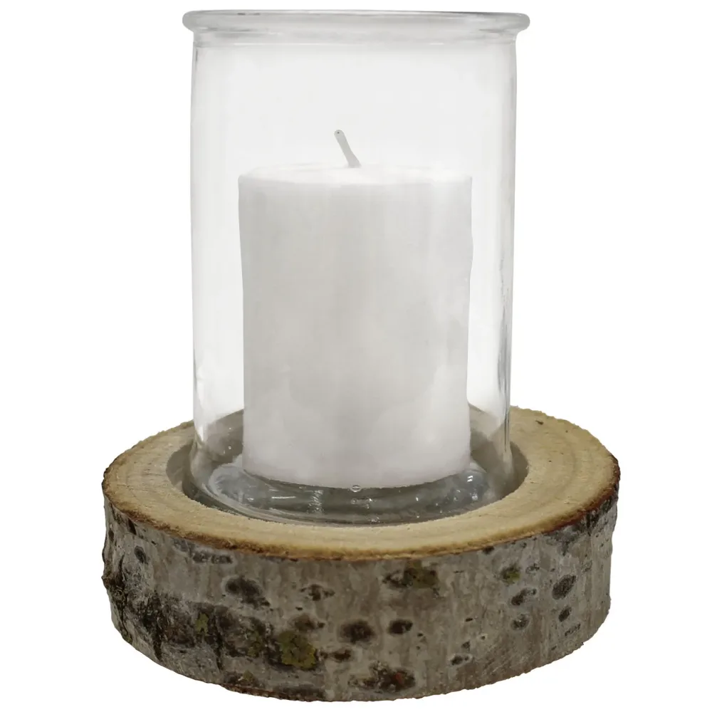 Kerzenglas auf Holzsockel, Windlicht Natur, weiss, braun, Ø 10 x 13,5 cm, Ø 15 x 4 cm