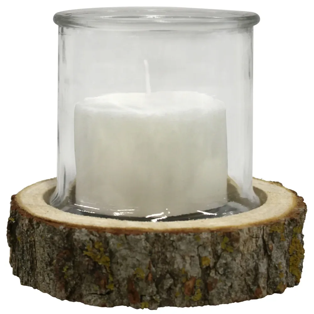 Kerzenglas auf Holzsockel, Windlicht Natur, weiss, braun, Ø 13 x 13 cm, Ø 18 x 4 cm
