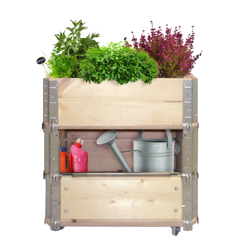 Hochbeet aus Holz mit Metall Scharnieren, Kräuterbox mit 4 Rollen, 60 x 40 x 68 cm