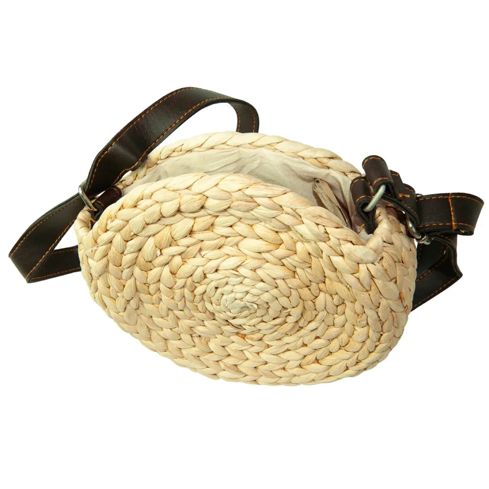 Umhängetasche rund aus Naturmaterial, Tasche mit Lederriemen, braun, beige, Ø 20 x 20 cm