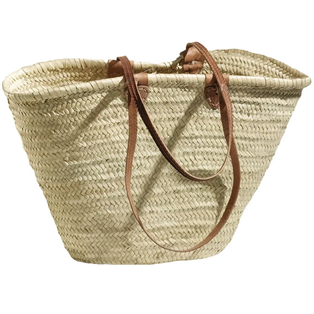Einkaufstasche Palmblatt, Strandtasche mit Lederriemen, beige, braun, 53 x 26 x 33 cm
