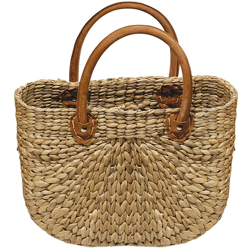 Einkaufstasche aus Wasserhyazinthe, Strandtasche halbrund, braun, natur, 39 x 16 x 26 cm