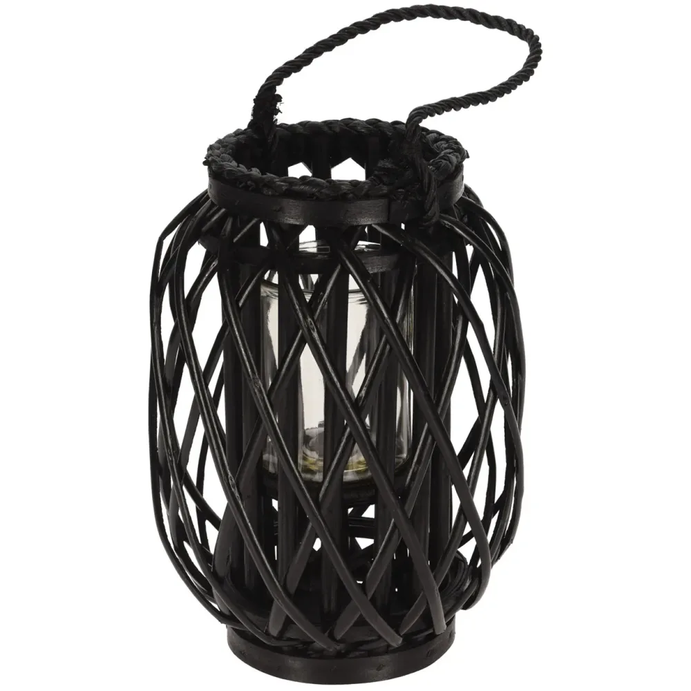 Laterne aus Rattan mit Glaseinsatz, schwarz, Windlicht mit Henkel, Ø 25 x H 30 cm